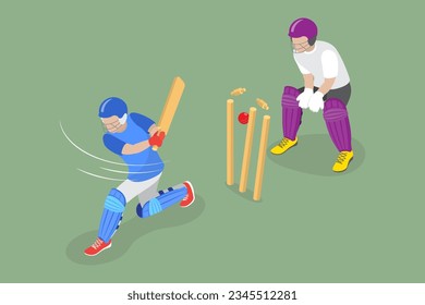 3D Isometric Flat Vector Conceptual Illustration of Cricket Championship, Indian and Pakistani Most Popular Sport