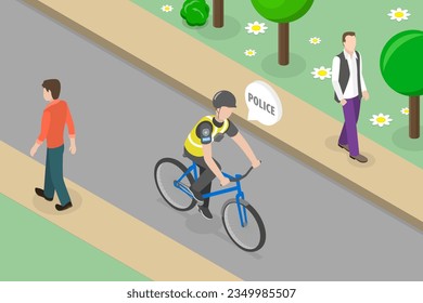 3D Isometric Flat Vector Conceptual Illustration of Bike Police, Officer Riding Bike in City Park
