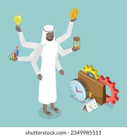 3D Isometric Flat Vector Conceptual Illustration of Multitasking, Muslim Businessman