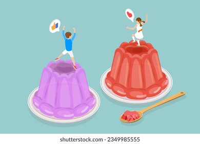 3D Isometric Flat Vector Conceptual Illustration of Jelly, Happy Kid Jumping on Dessert