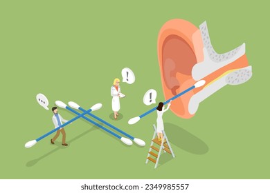 Vector plano isométrico 3D Ilustración conceptual de la limpieza del canal de oreja, eliminación de la cera de tierra con capucha de algodón