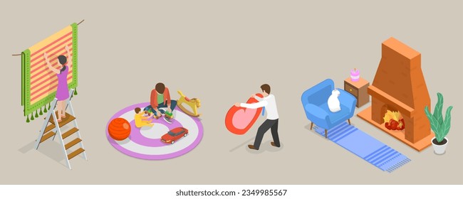 3D Isometric Flat Vector Conceptual Illustration of Carpets, Different Shapes, Designs and Colors