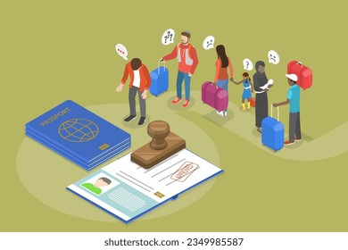 3D Isometric Flat Vector Conceptual Illustration of Refugee, Social Assistance for Immigrants