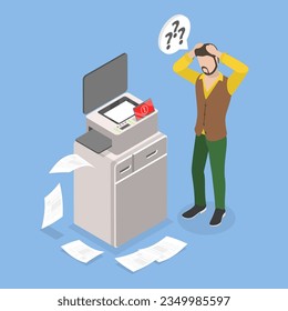 3D Isometric Flat Vector Conceptual Illustration of Broken Printer, Out of Order Office Equipment