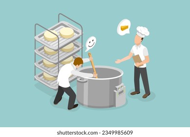 3D Isometric Flat Vector Conceptual Illustration of Making Cheese, Process of Dairy Product Production