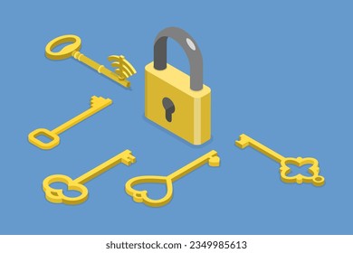 3D Isometric Flat Vector Conceptual Illustration of Multiple Keys, Security and Privacy