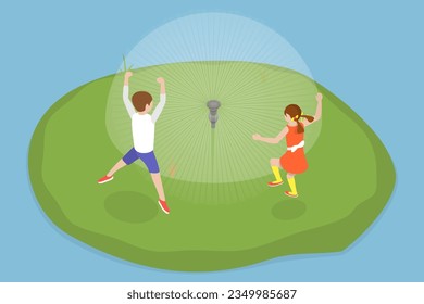 3D Isometric Flat Vector Conceptual Illustration of Automatic Sprinkler System, Happy Kids on the Irrigating Lawn