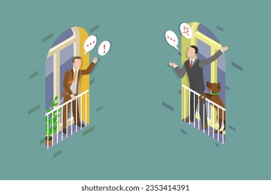 3D Isometric Flat Vector Conceptual Illustration of Dispute Between Neighbors, Neighbourhood Conflict