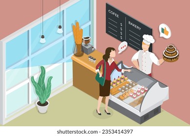 3D Isometric Flat Vector Conceptual Illustration of Bakery Shop, Inside Interior