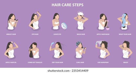 3D Isometric Flat Vector Conceptual Illustration of Hair Care Steps, Instruction How to Wash Hair Properly