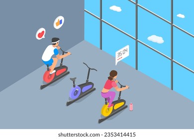 Isometric Flat Vector 3D Ilustración conceptual del ciclismo y del ejercicio de hilado