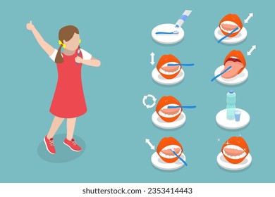 3D Isometrisches, flaches Vektorgrafik - Konzeptuelle Illustration von Kindern, Zahnpflege, wie man die Zähne in die Zähne bringt