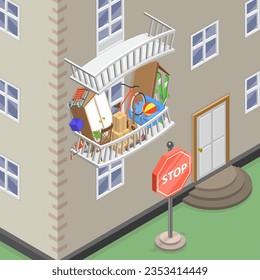 3D Isometric Flat Vector Conceptual Illustration of Overflown Balcony, Excessive Consumerism