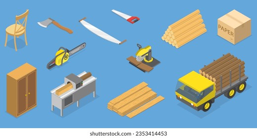 3D Isometric Flat Vector Conceptual Illustration of Wooden Timbered Materials, Natural Lumber, Carpentry Tools
