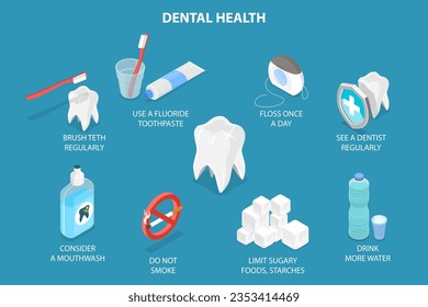 3D Vector plano isométrico Ilustración conceptual de la salud dental, la odontología o la atención de los adolescentes