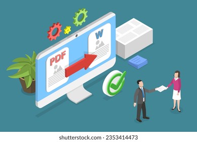 3D Isometric Flat Vector Conceptual Illustration of PDF To Word Converter , Converting or Exchanging Different File Formats