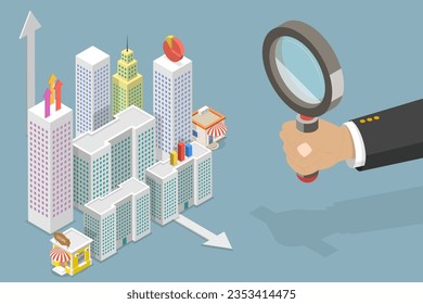 Isométrico Vector Plano 3D Ilustración conceptual de la microeconomía , Conceptos básicos del estudio económico