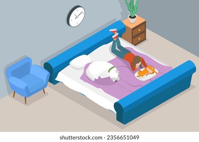 3D Isometric Flat Vector Conceptual Illustration of Rest With Pets, Comfort and Coziness in House