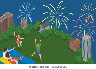 3D Isometric Flat Vector Conceptual Illustration of Festival Fireworks, Evening Rest with Family