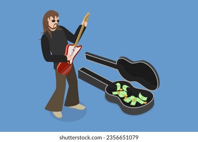 3D Isometric Flat Vector Conceptual Illustration of Street Performance, Guitarist Earning Money