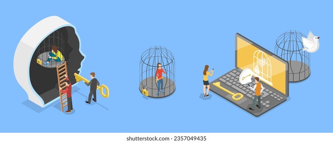 3D Isometric Flat Vector Conceptual Illustration of Mind Prison