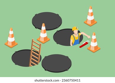 3D Isometric Flat Vector Conceptual Illustration of Sewer Hatch