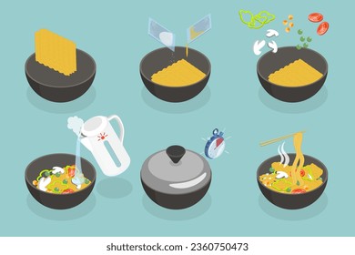 3D Isometric Flat Vector Conceptual Illustration of Noodle Recipe