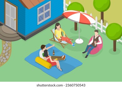 3D Isometric Flat Vector Conceptual Illustration of Backyard Party