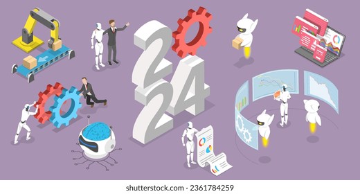 3D Isometric Flat Vector Conceptual Illustration of New Year 2024 And Robotic Process Automation Trends