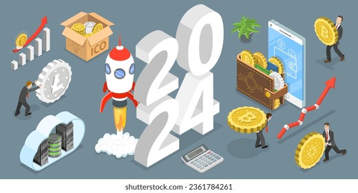 3D Isometric Flat Vector Conceptual Illustration of New Year 2024 Cryptocurrency Trends