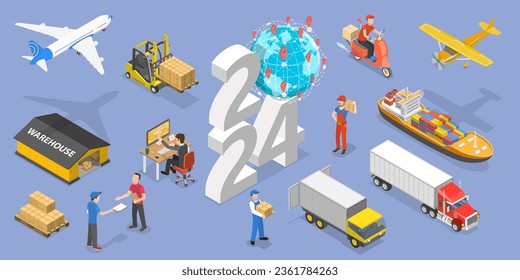 3D Isometric Flat Vector Conceptual Illustration of New Year 2024 And Transport Logistics