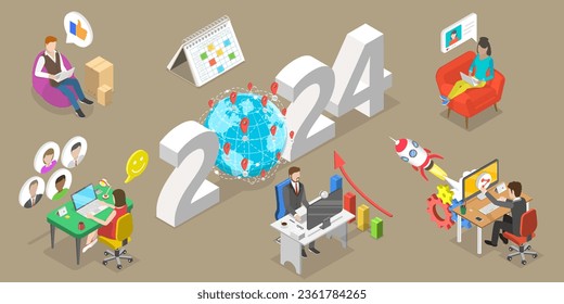 3D Isometric Flat Vector Conceptual Illustration of New Year 2024 And IT Outsourcing Trends