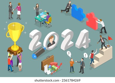 3D Isometric Flat Vector Conceptual Illustration of New Year 2024 And Employees Onboarding