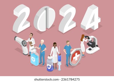 3D Isometric Flat Vector Conceptual Illustration of New Year 2024 And Medicine