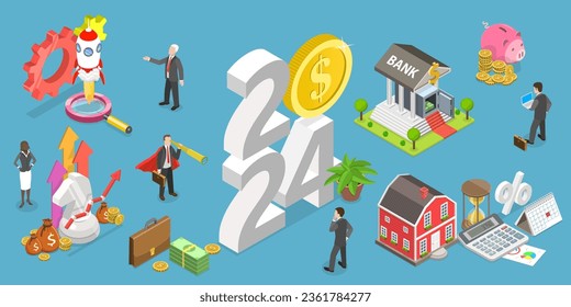 3D Isometric Flat Vector Conceptual Illustration of New Year 2024 And Investment Strategy