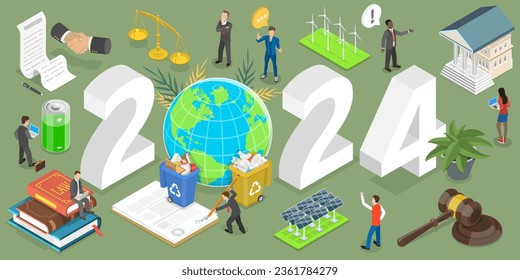 Ilustración conceptual del vector plano isométrico 3D de la legislación ambiental de Año Nuevo 2024