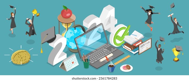 3D Isometric Flat Vector Conceptual Illustration of 2024 - Academical Year Online, Distance Courses And E-learning