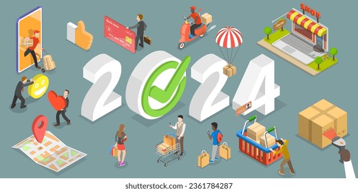 3D Isometric Flat Vector Conceptual Illustration of E-commerce Trends In New Year 2024