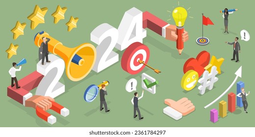 3D Isometric Flat Vector Conceptual Illustration of New Year 2024 Digital Marketing Trends