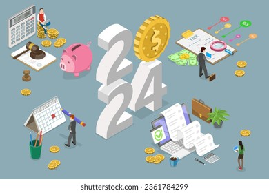 3D Isometric Flat Vector Conceptual Illustration of New Year 2024 And Taxes