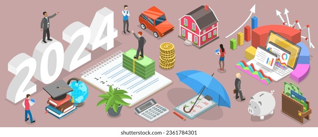 3D Isometric Flat Vector Conceptual Illustration of Budget For New 2024 Year