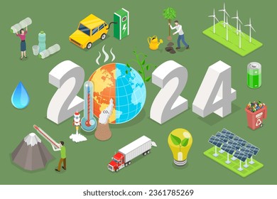 3D Isometric Flat Vector Conceptual Illustration of New Year 2024 And Climate Change