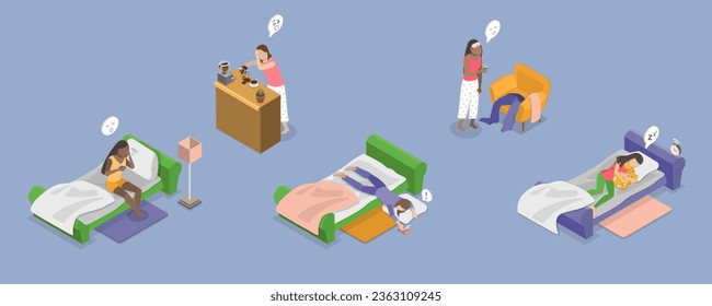 3D Isometric Flat Vector Conceptual Illustration of Sleepy Early Morning