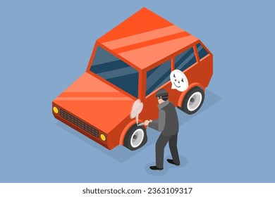 3D Isometric Flat Vector Conceptual Illustration of Malicious Car Damage