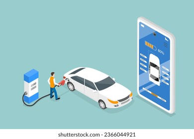 3D Isometric Flat Vector Conceptual Illustration of Car Fuel or Charge Managment