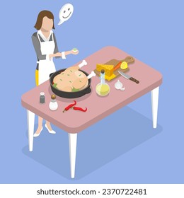 3D Isometric Flat Vector Conceptual Illustration of Cooking Chicken