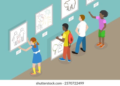 3D Isometric Flat Vector Conceptual Illustration of Children Drawings Exhibition