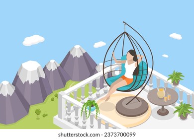 3D Isometric Flat Vector Conceptual Illustration of Relax On Rooftop Terrace