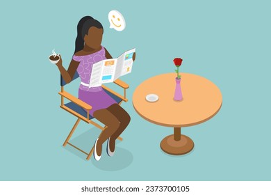 3D Isometric Flat Vector Conceptual Illustration of Enjoying Reading A Newspaper