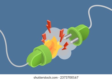 3D Isometric Flat Vector Conceptual Illustration of Burning Electrical Outlet